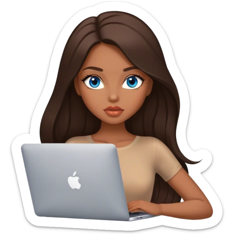 Glamours tanned very beautiful girl with big pump peach lips and dark chocolate straight smooth long hair, blue eyes in brown/beige bodysuit with MacBook sticker