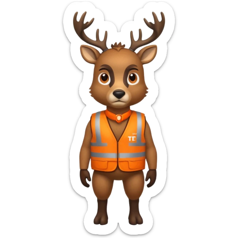 crea un venado de cuerpo completo que lleve un chaleco color naranja y que el chaleco lleve en el lado izquierdo el nombre de (telamon), hazlo mas rudo sticker