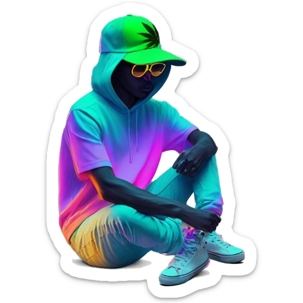 Hemp leaves Multicoloured neon person smoking wearing hoodie dancing hip hop bucket hat tropical Skater fashion aesthetic baggy clothes graphic t shirt 420 sticker
