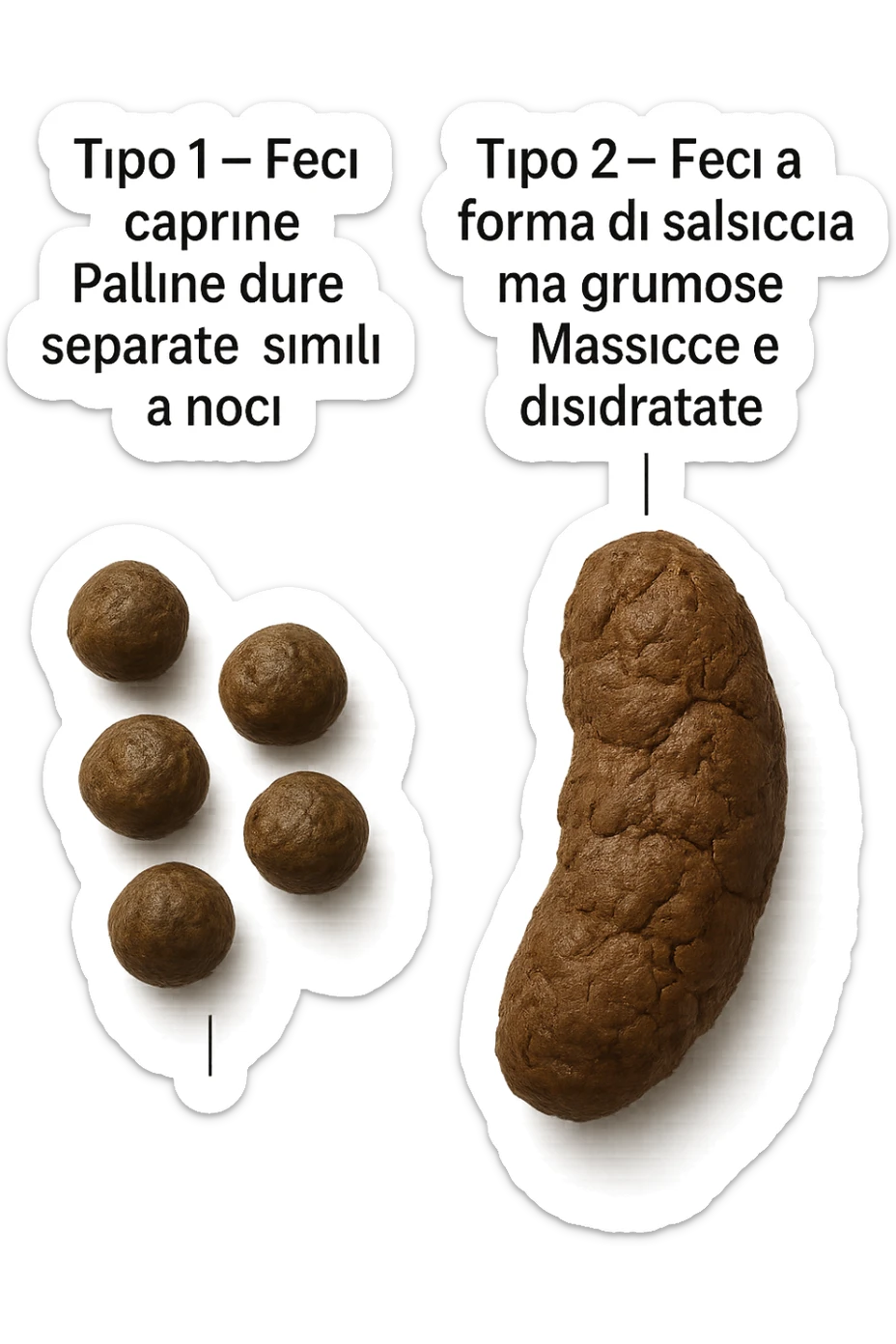 immagine di due tipi di feci iperrealistiche viste dall'alto con descrizione:
Tipo 1 – Feci caprine
Palline dure, separate, simili a noci

Tipo 2 – Feci a forma di salsiccia ma grumose
Massicce e disidratate.
 sticker