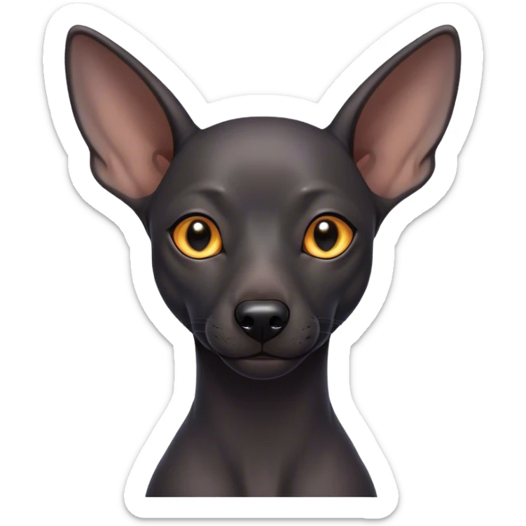 Cinematic Noble Xoloitzcuintle dog Portrait Emoji, Poised and regal, with a sleek, muscular build and smooth, hairless ebony skin accented by subtle wrinkles, deep-set soulful dark eyes, Simplified yet sharp and sophisticated features, highly detailed, glowing with a soft, dignified glow, high shine, intelligent and loyal, stylized with an air of ancient grace, focused and attentive, soft glowing outline, capturing the essence of a watchful and confident guardian, so majestic it feels as though it could stride out of the screen with effortless authority! sticker