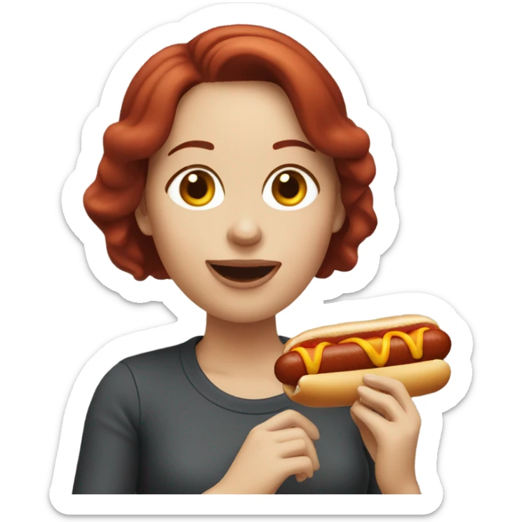 White woman with dark red hair eating hotdog sticker