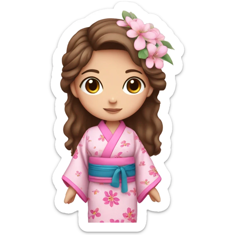 cute girl with brown hair and blue eyes in pink flower kimono sticker
