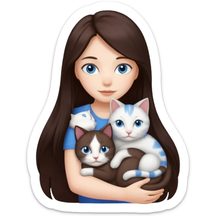 a girl with long dark 
brown hair, with blue eyes, hugs 3 different natural coloured cats sticker