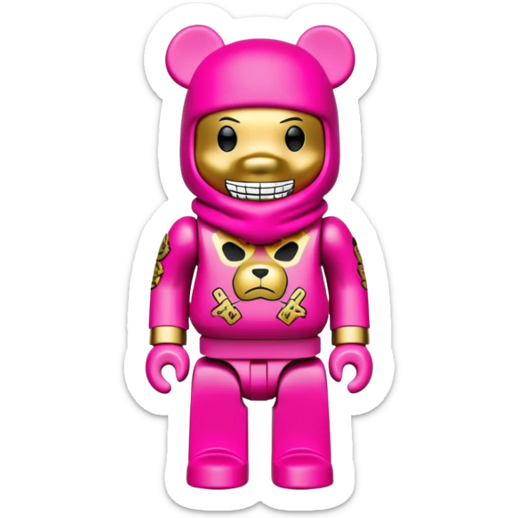 bearbrick toy figure wearing a bright pink balaclava with big pouty lips and gold grillz teeth visible, decorated with luxury brand logos and graffiti style patterns, striking a cool hip-hop pose with arms crossed confidently sticker