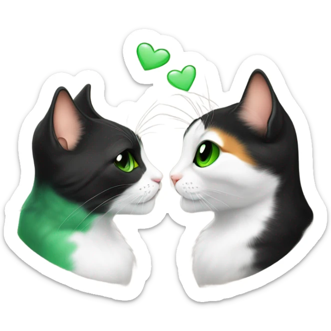 two cats (black with green eyes) and calico giving fly kiss to each other  sticker