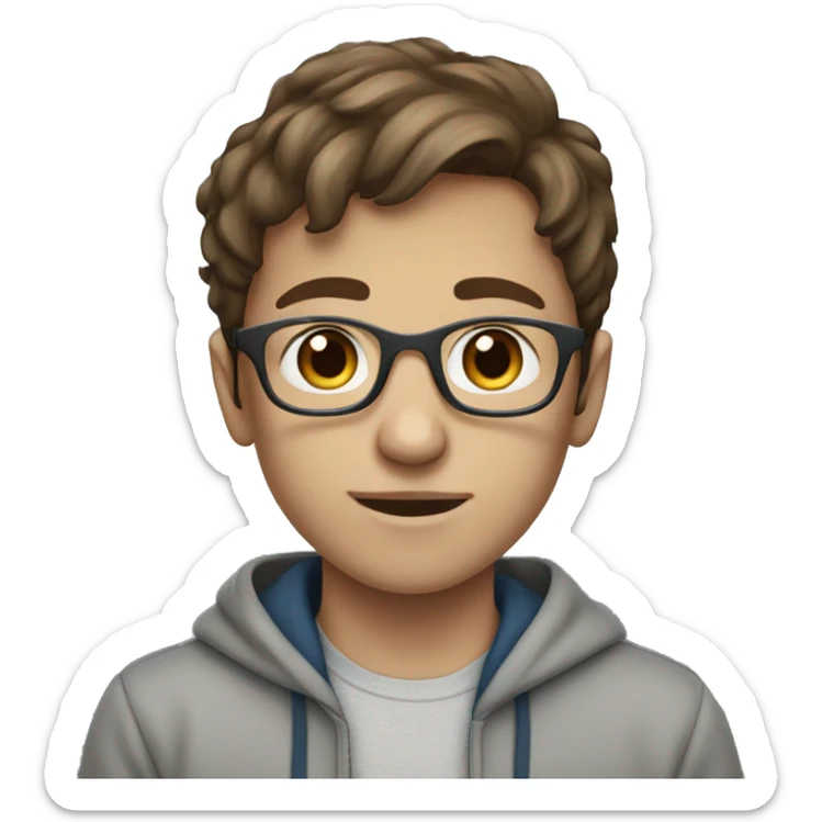 boy with brown ish hair with blue eyes wearing glasses with grey hoodie on  sticker