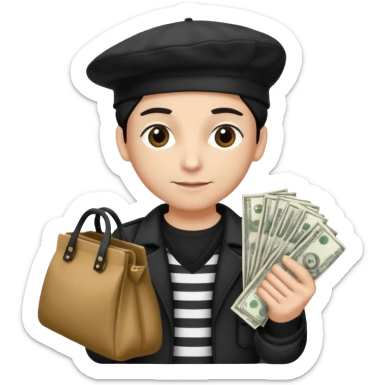Crea un ladrón con camiseta a rallas blancas y negras con una boina y dos bolsas de dinero en las manos sticker