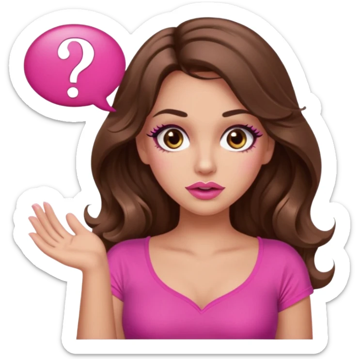 girl with long wavy brown hair, brown eyes, long lashes makeup, sexy pink lips, light to medium complexion, wearing a pink sexy top, shugging, question mark one speech bubble sticker