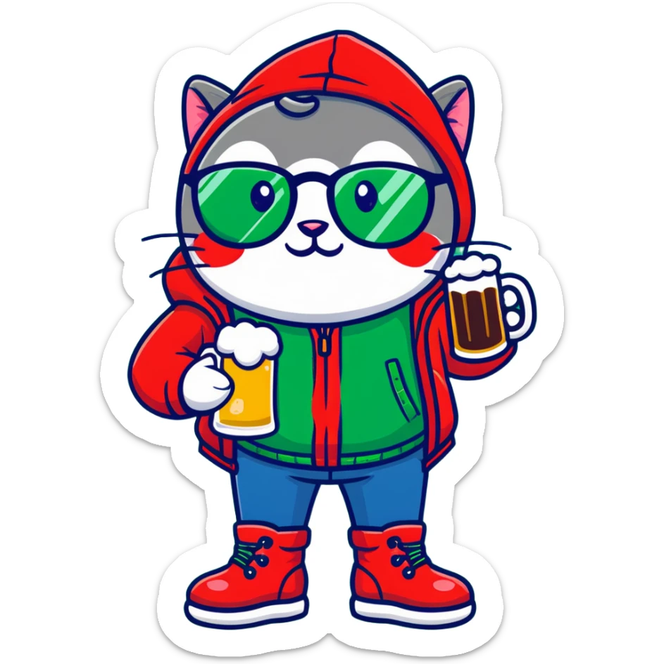 Catfish in a red winter jacket with hood, wearing round glasses, blue jeans, red boots, holding a beer can with a red label sticker