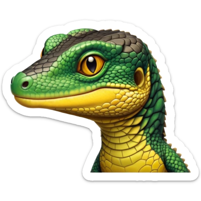 cinematic-realistic-cute-monitor-lizard-portrait-emoji,-head-tilted-playfully-and-inquisitively,-featuring-a-compact,-agile-body-with-finely-detailed,-glossy-scales-in-earthy-black and yellow-hues-and-a-distinct,-alert-face-with-bright,-curious-eyes, black , yellow spotted and green band  scales and a slender neck sticker