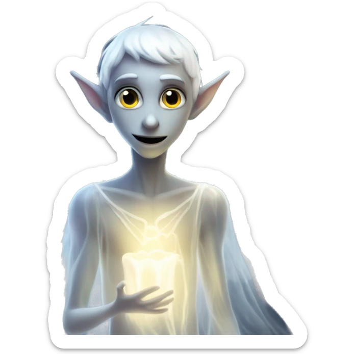Elf male ghost fairy in a translucent dress, ephemeral wings, surrounded by glowing ghostly lights, Halloween theme, emoji sticker