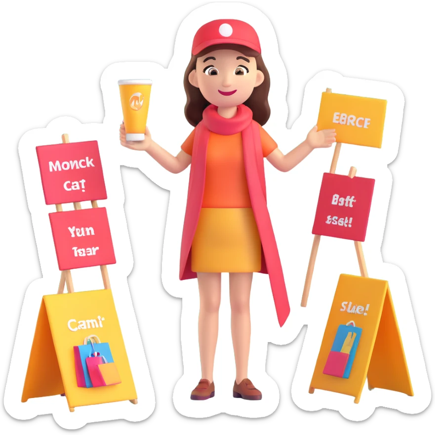 woman enthusiastically promoting a product to a group of customers outdoors, with banners and product samples sticker
