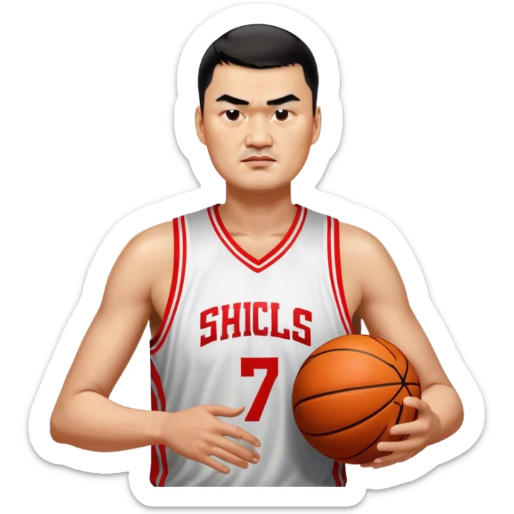 Yao Ming – Cinematic Realistic Portrait of Yao Ming, depicted as a towering basketball icon in a modern uniform, with a gentle yet determined expression and dynamic arena lighting that highlights his immense stature and graceful athleticism. sticker