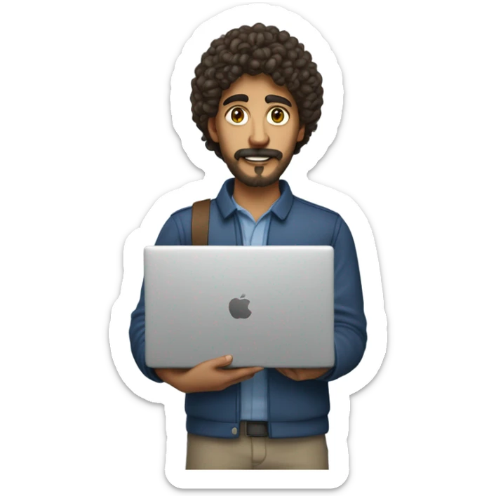 no glasses, Mexican school IT technician with apple laptop and with curly hair and mustache and beard  sticker