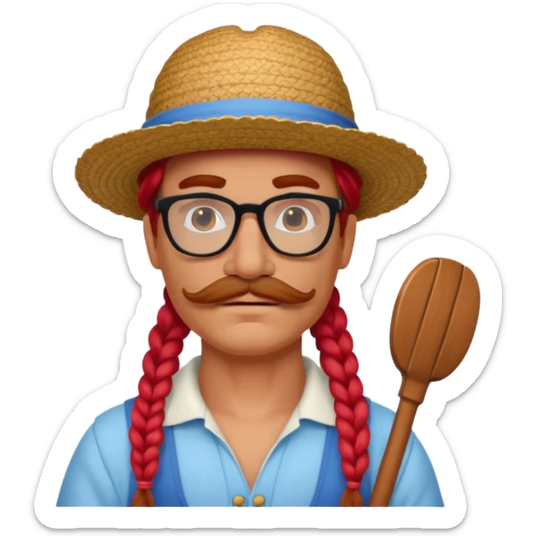 venice gondolier with long red braided hair, iconic hat, normal glassess and mustache sticker