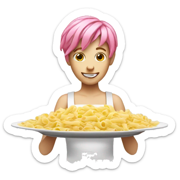 white person with pink hair with a plate of pasta sticker