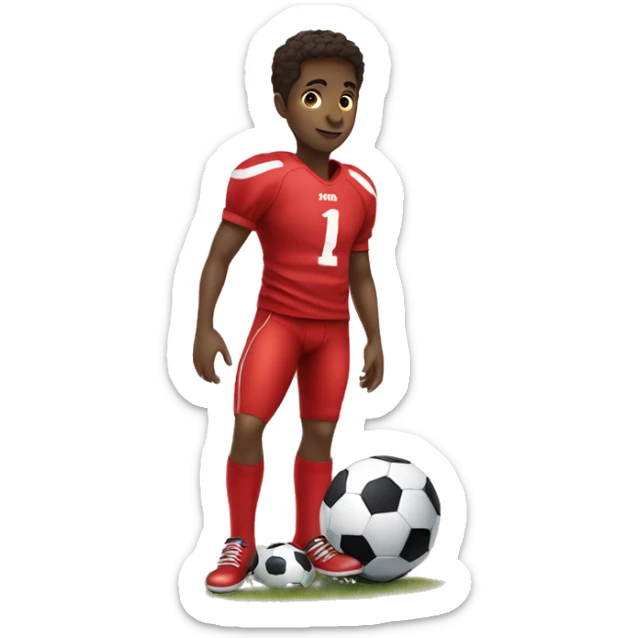 A kid in a red football shirt with his foot on a football sticker