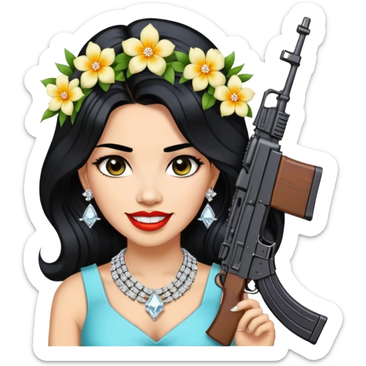 A beautiful woman with flowers in her hair, holding an AK-47 and has diamond grills in her teeth and big diamond chain on her neck that says icy and big diamond earrings and black hair sticker