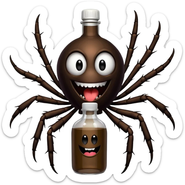 wesoły śmieszny pająk z butelka jadu i podpisem cześć sticker