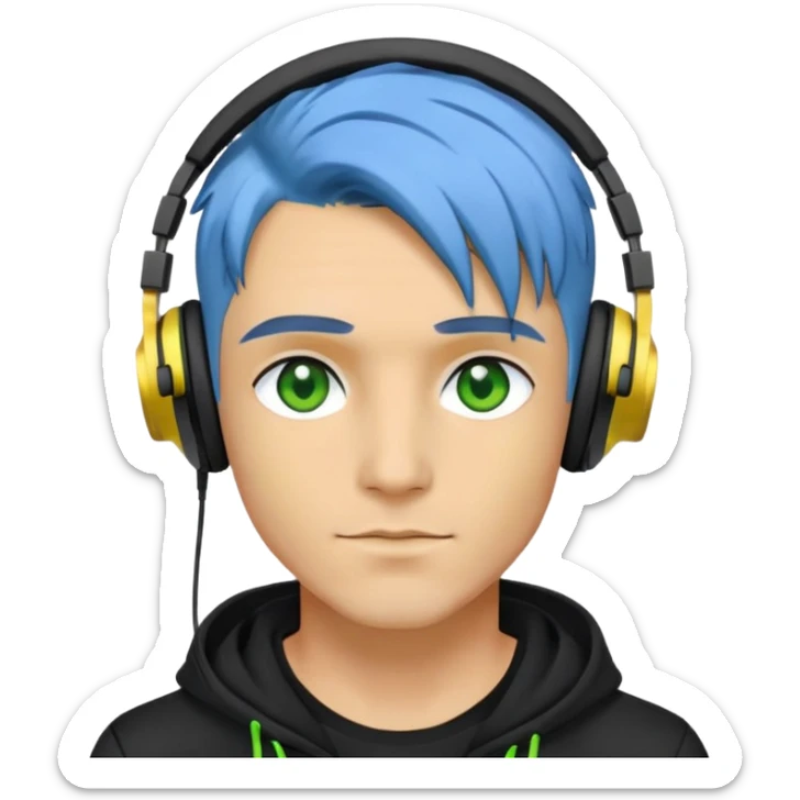 Blue-dyed hair, yellow skin, headphones, green eyes, black clothing, male, man, guy, apparels, jewelry, aesthetic, fashionista sticker