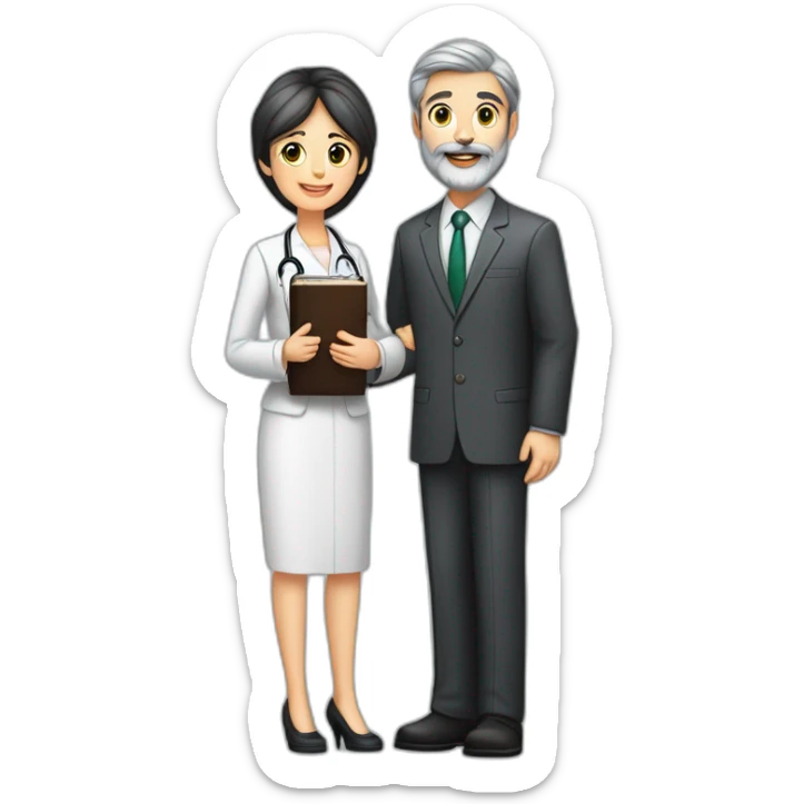 husband classy caucasian dark gray hair trimmed beard wearing business suit holding bible, with wife asian age 55 dark hair nurse uniform, no children sticker