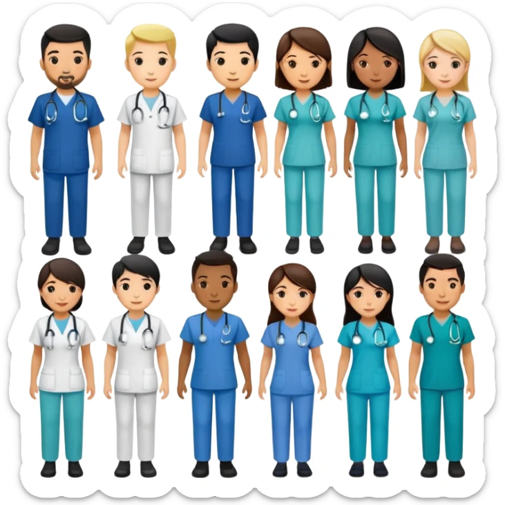 no blond people, more asians, group of 10 nurses, occupational therapists, physiotherapists (male and female, different races, different clothes) sticker