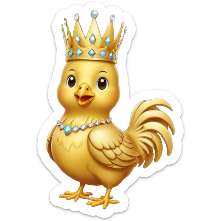 chicken King – proud golden chicken wearing a tall jeweled crown, sitting sticker