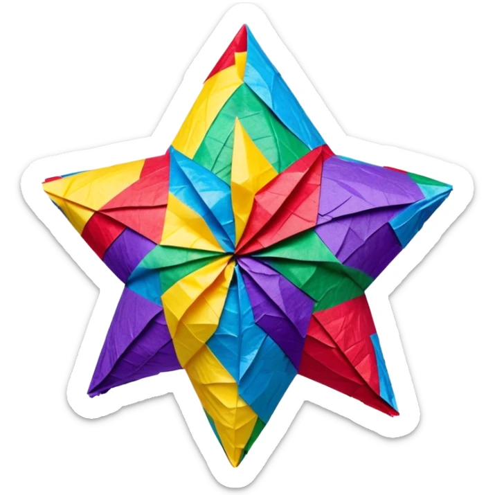 tradicional mexican star-shaped piñata covered in layers of bright tissue paper in red blue yellow green and purple sticker