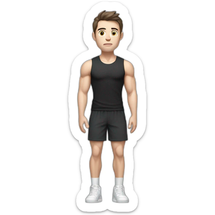 Confused Pale skinned Fit Man With the biceps and dark brown hair in black shirt, gray sports shorts and white Sneakers sticker