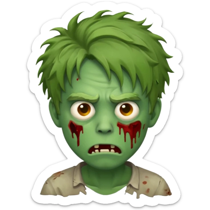 tired male zombie emoji, green skin, messy hair in the middle, expressive tired face sticker