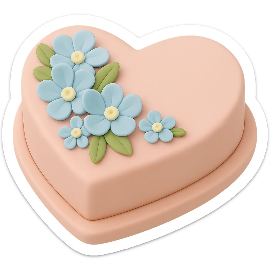 Remove the birthday candles, keep only the heart-shaped fondant cake with blue flowers, fondant cake art style, transparent background. sticker