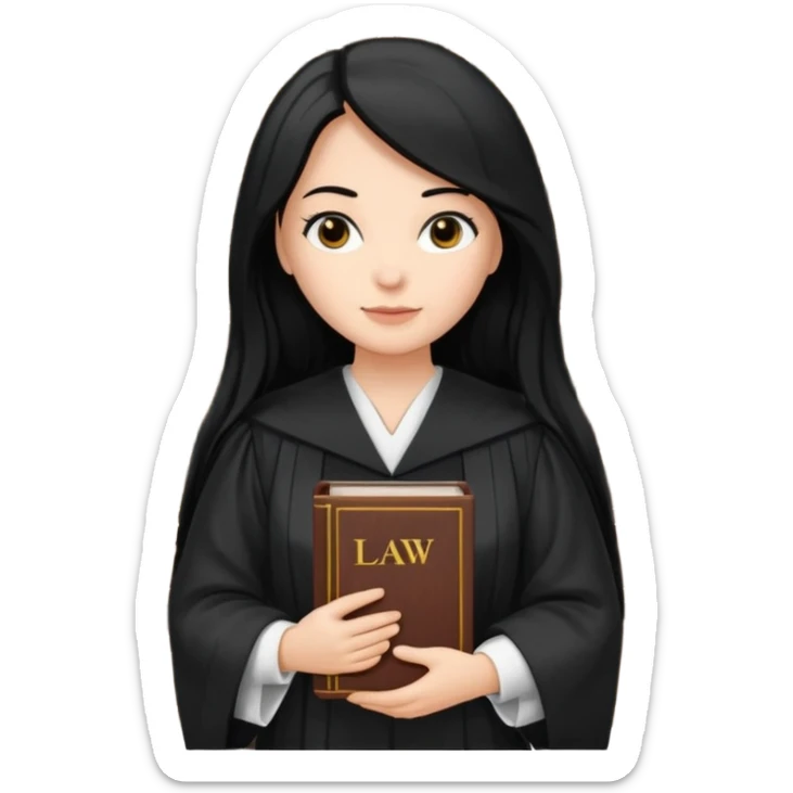 white-women-with-long-black -hair-lawyer-in-lawyer’s-robe. Have law book in hand with bookshelf full of law books in the background sticker