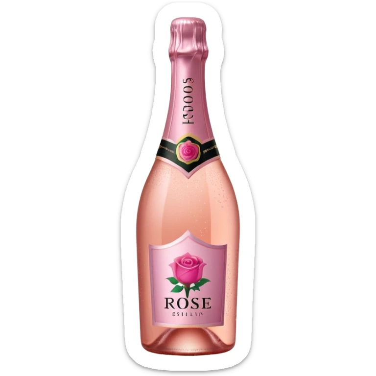 bottle of sparkling rosé with a rose logo on the label, angled to the left, no glass sticker