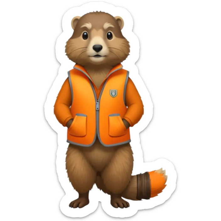 crea una marmota de cuerpo completo, que lleve un chaleco color naranja y que en el chaleco lleve el nombre (telamon) sticker