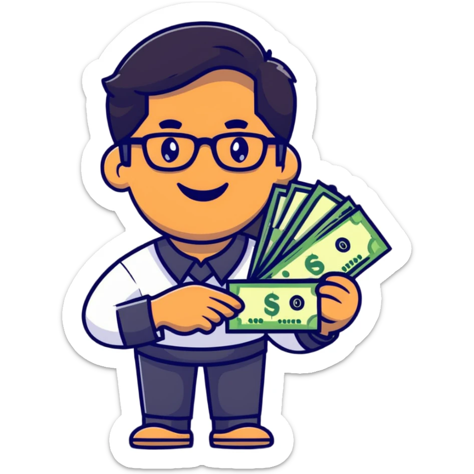 Indian finance bro with glasses, smiling, holding a stack of money, cartoon sticker sticker