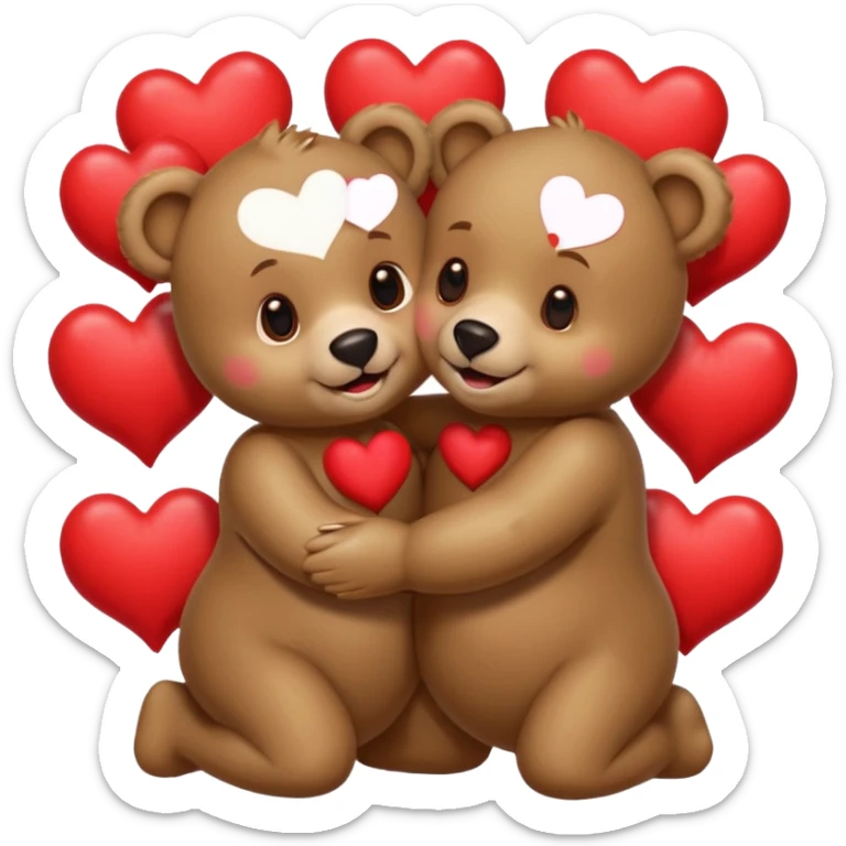female bear with bow on her head and male bear hugging, couple, surrounded by hearts, playful and loving, cute, same height  sticker