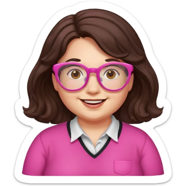 chubby English teacher, happy, wearing pink glasses, wavy long dark brown hair, face only, gamer vibe, classroom background, emoji style, for online classes sticker