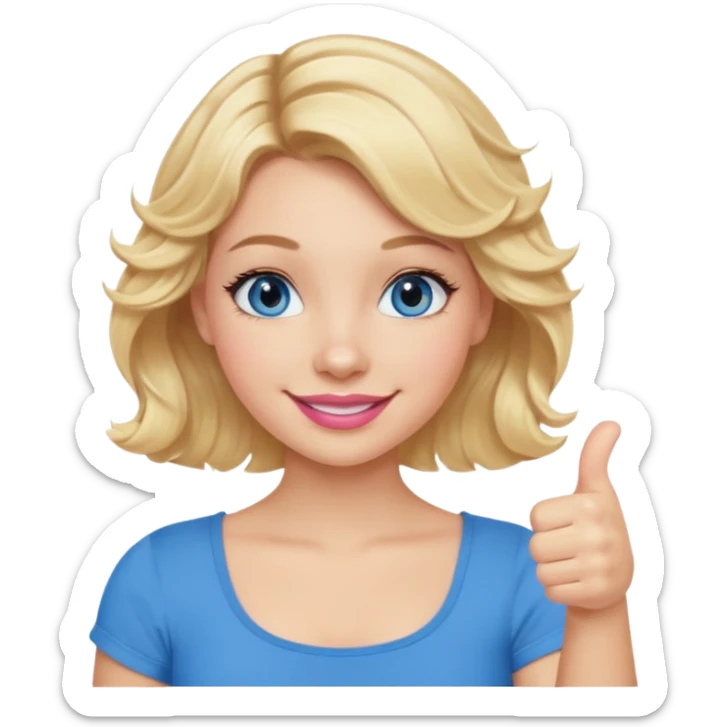Girl Blonde short wavy hair,  blue eyes, cute blue top, long lashes, pink lips, smiling, thumbs up sticker