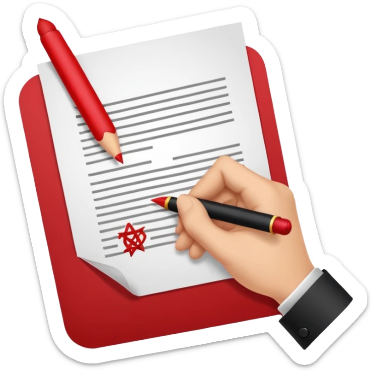Minimalist emoji-style sticker of a hand signing a contract that says “YOUR SOUL” in bold letters, red ink, pentagram seal sticker