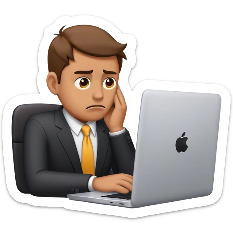 Minimalist emoji of a sad businessman at a laptop, looking exhausted and frustrated. sticker