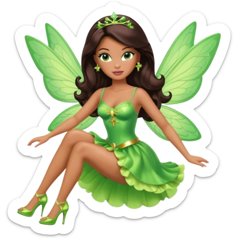 Pretty thick Barbie girl with caramel skin. Dark brown hair and brown eyes. She has freckles. Wearing sexy makeup. Wearing a green fairy costume and heels and flying sticker