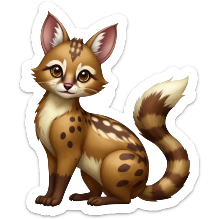 Colorful dark realistic chocolate-brown tropical beige fur glorious divine exotic cute cool beautiful shiny beautiful fantasy-Furret-caracal-civet-genet-sergal-vernid-Cacomistle-oncilla-animal-hybrid-fursona with white deer-spots pattern markings (full body) sticker