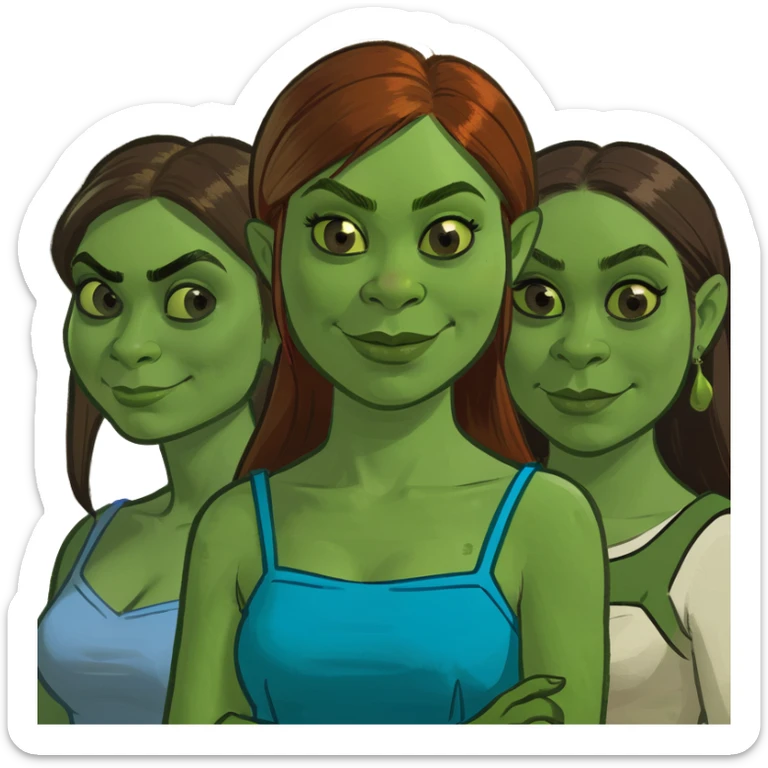 3 girls with brown and blonde hair dressed as shrek characters sticker