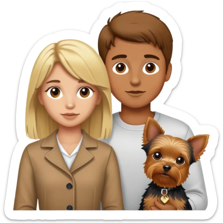 tan skin brown hair boy, blonde girl with yorkie sticker