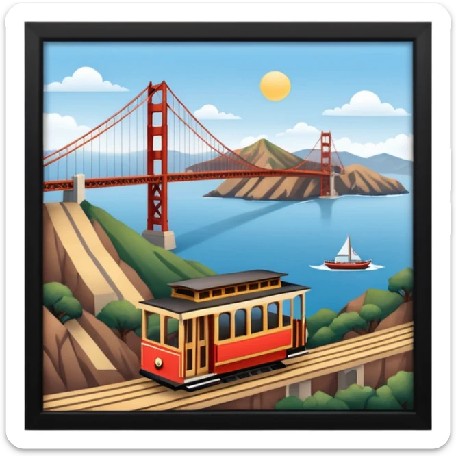 Make a full city of San Francisco with the Golden Gate Bridge in the background and a train car going up the hill sticker