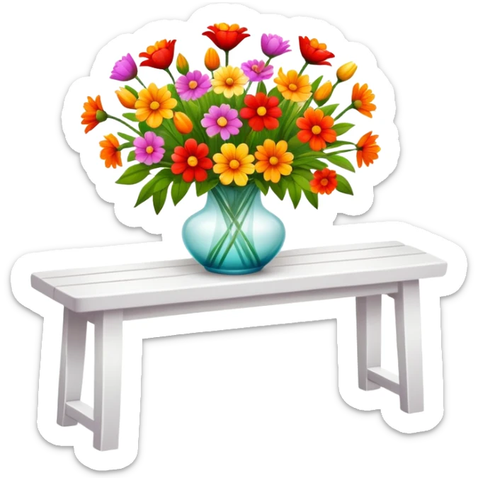 White benches with a romantic lush warm-colored flower vase on top of table sticker