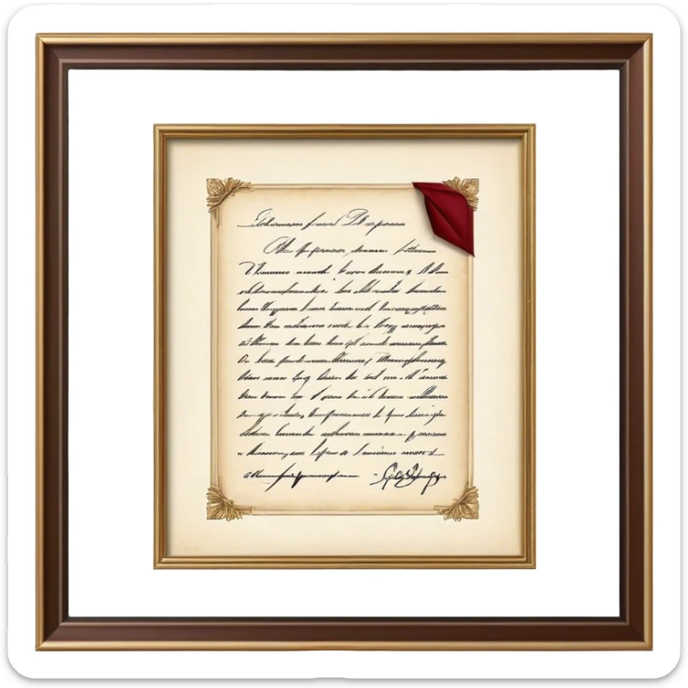 Icon for Autograph Collecting: a signed piece of paper or book page with a famous signature, surrounded by a collection of several framed autographs. Transparent background. sticker