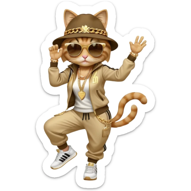 female cat in Run DMC hip-hop outfit with tracksuit, fedora, Adidas sneakers, dark sunglasses, many gold chains and bling accessories, doing a windmill break dance move sticker