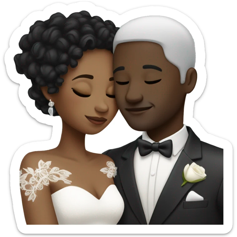 African Bride and Groom. Black short curly hair. Hugging each other. Eyes closed. sticker